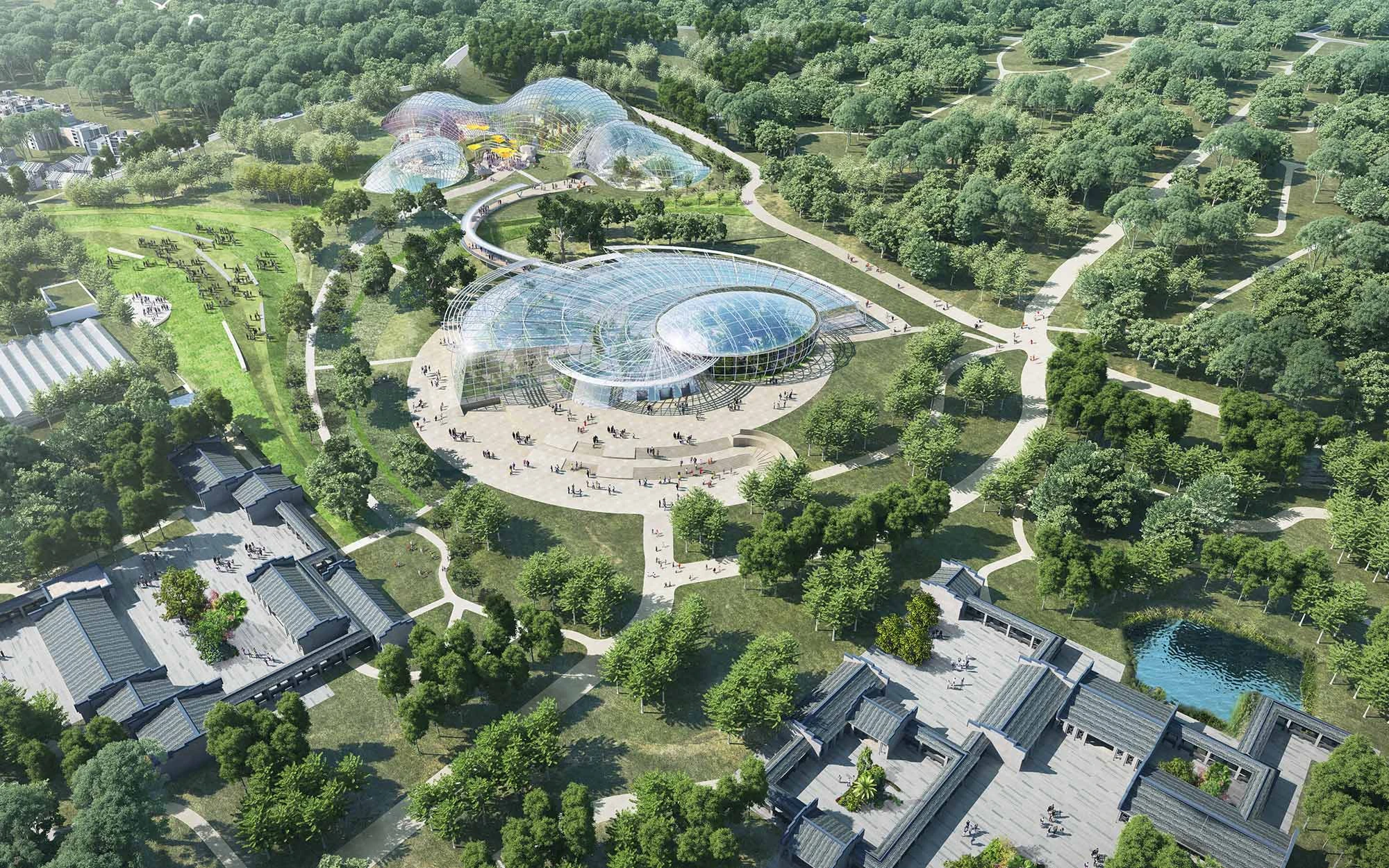 aerial render of the botanical gardens
